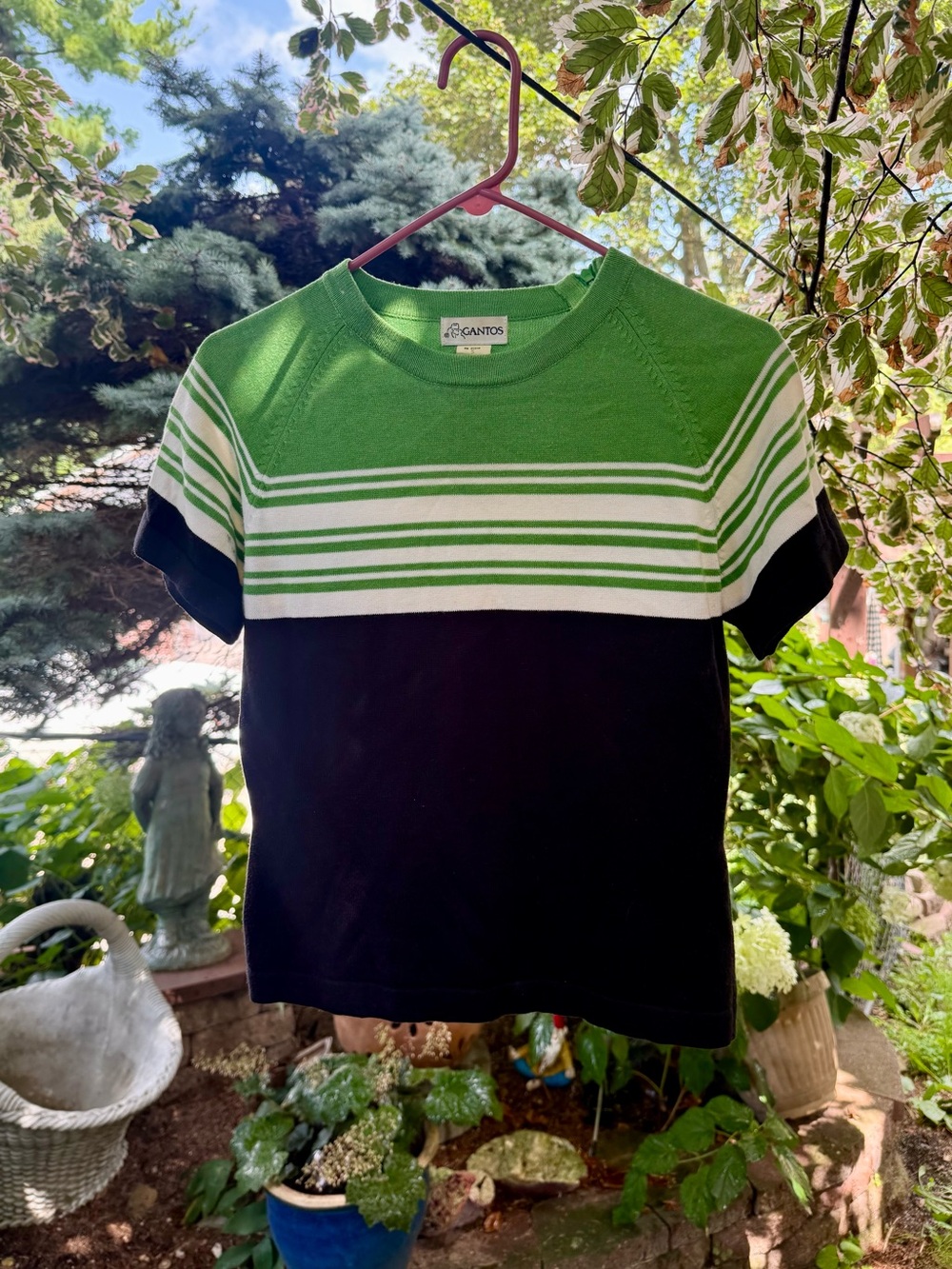 Vintage GANTOS Green White and Black Striped Short Sleeve Tee